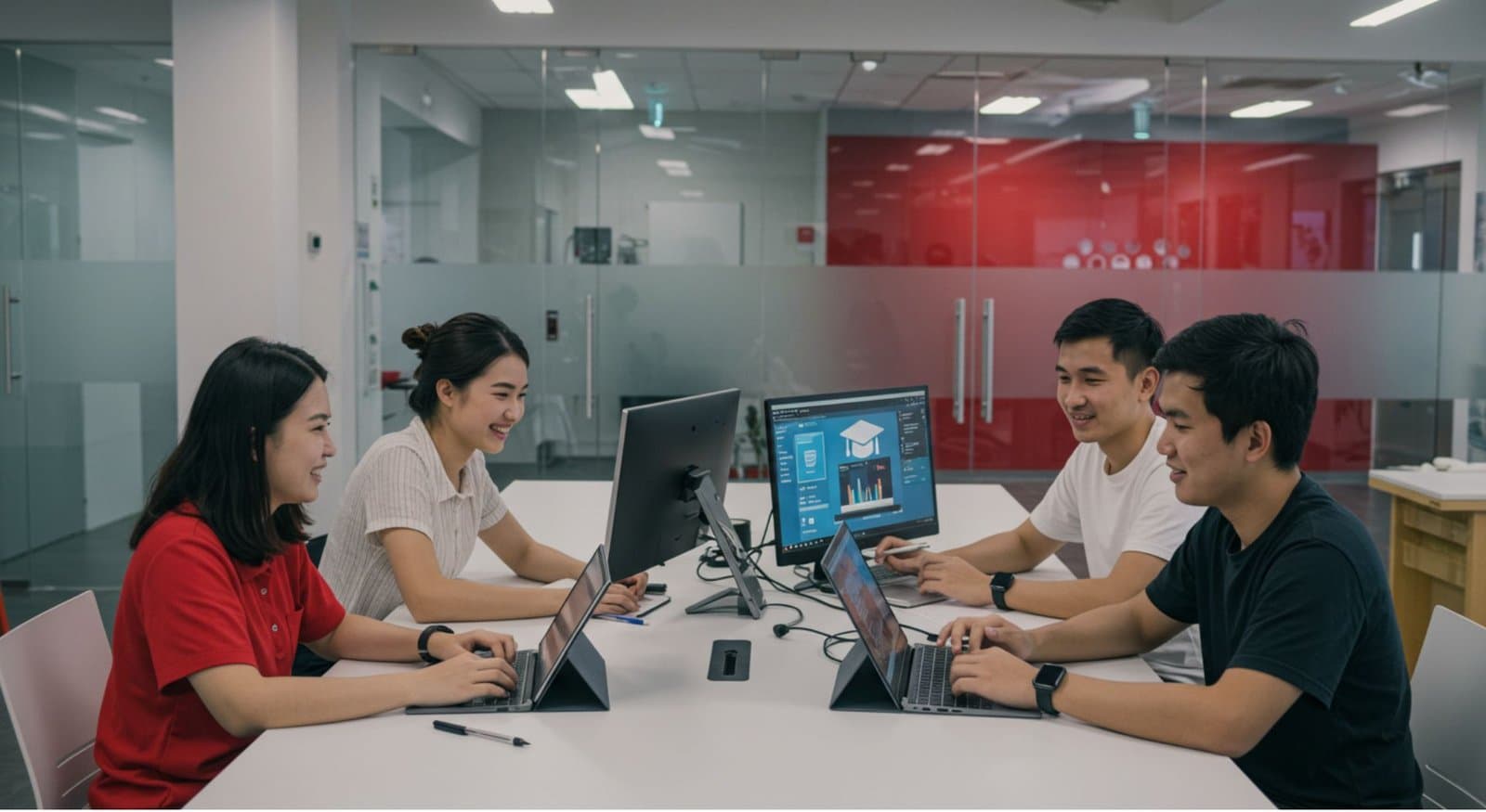 PORTMAN College students collaborating in a modern learning space