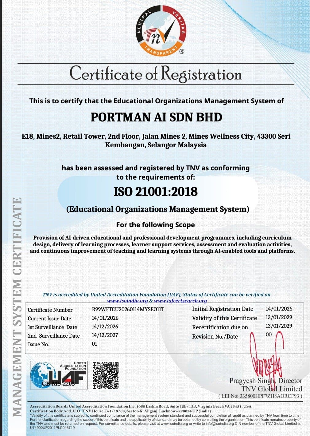 PORTMAN AI ISO 21001:2018 Management System Certificate